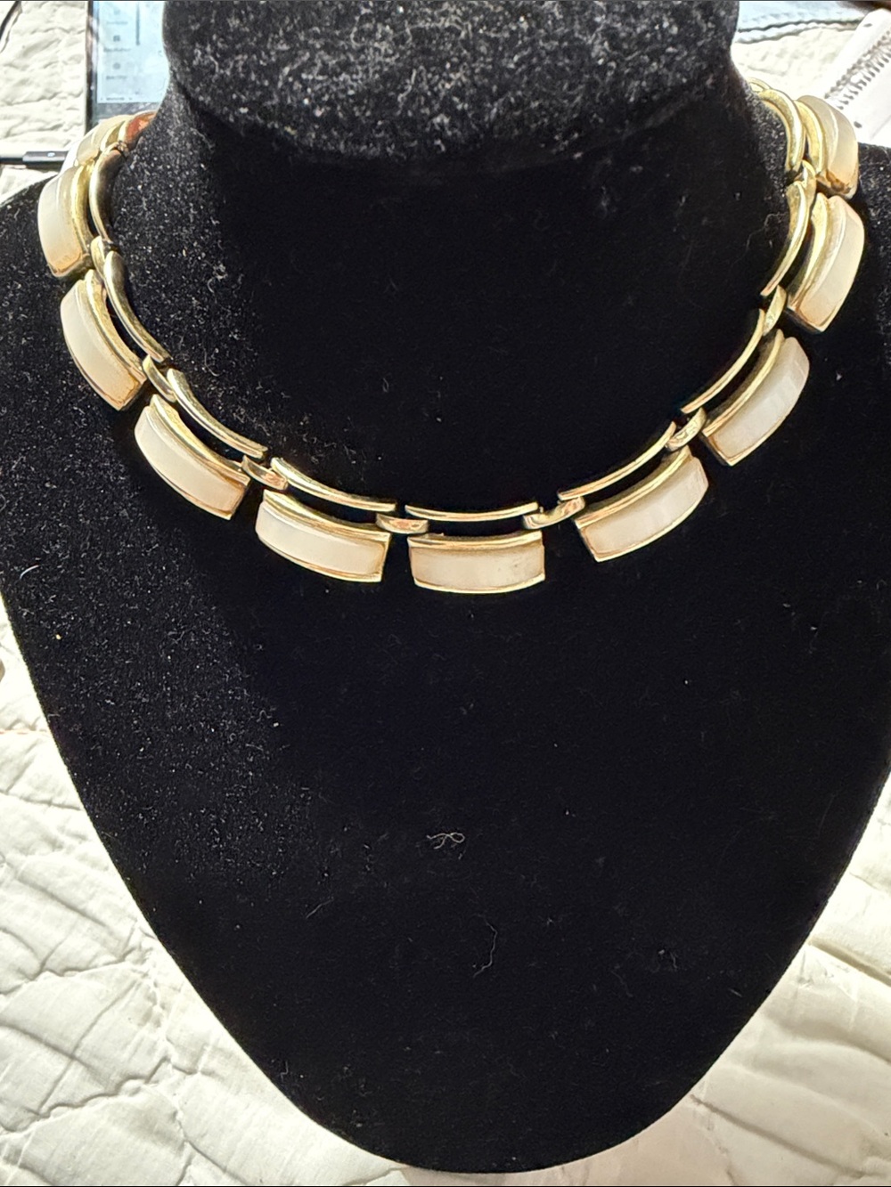 Vintage Charel Mid-Century White Moonglow Lucite Gold Tone Choker Necklace Sign